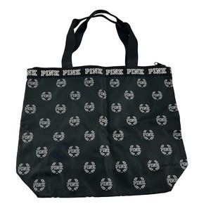 Victorias Secret Pink Spell Out Black Tote Zip Close Polyester Double Handles